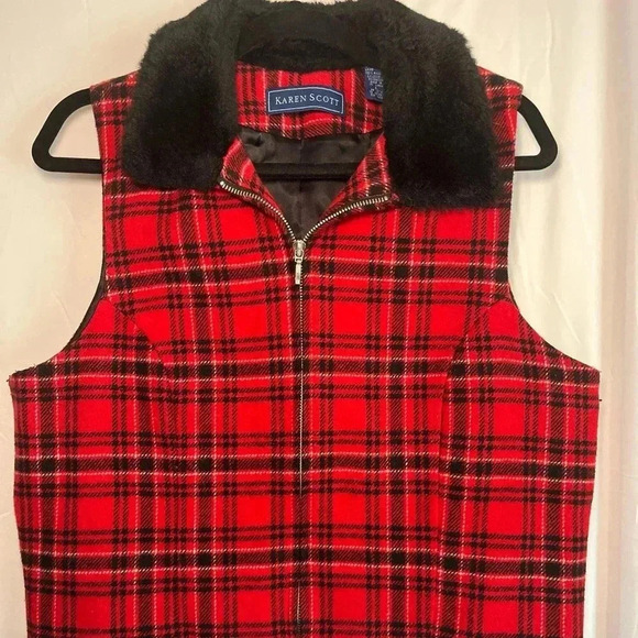 Karen Scott Jackets & Blazers - Karen Scott Womens Vest Multicolor Plaid Zip Faux Fur Collar Lined L Wool Blend